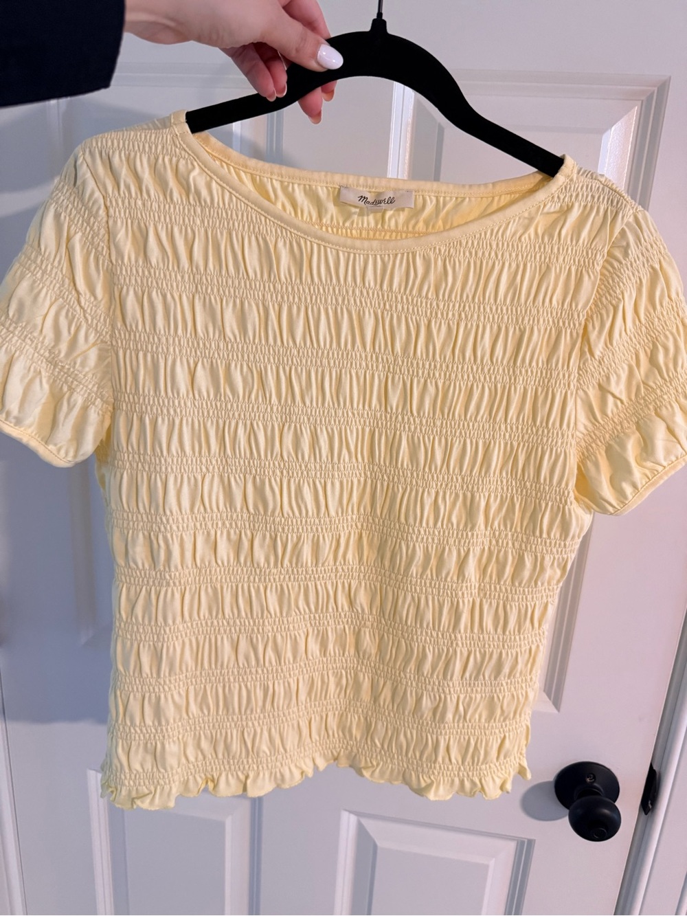 Madewell Pale Yellow Shirred Short Sleeve Crop Top